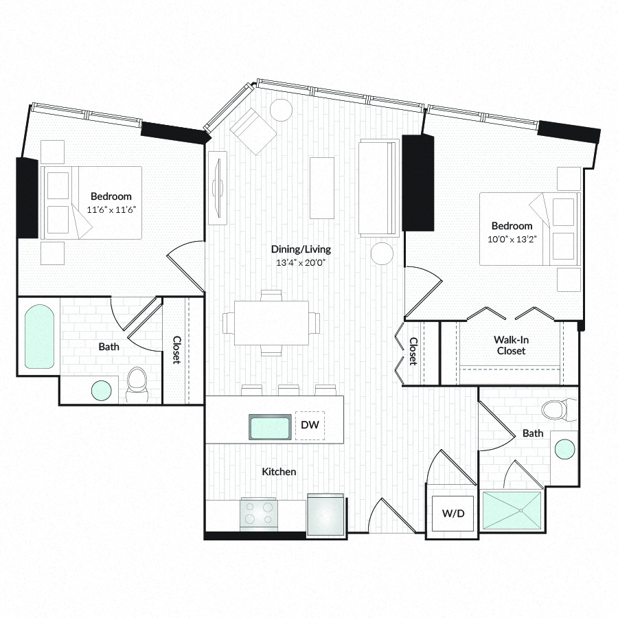 Floor plan for 2 beds, 2 baths, 1022 sqft